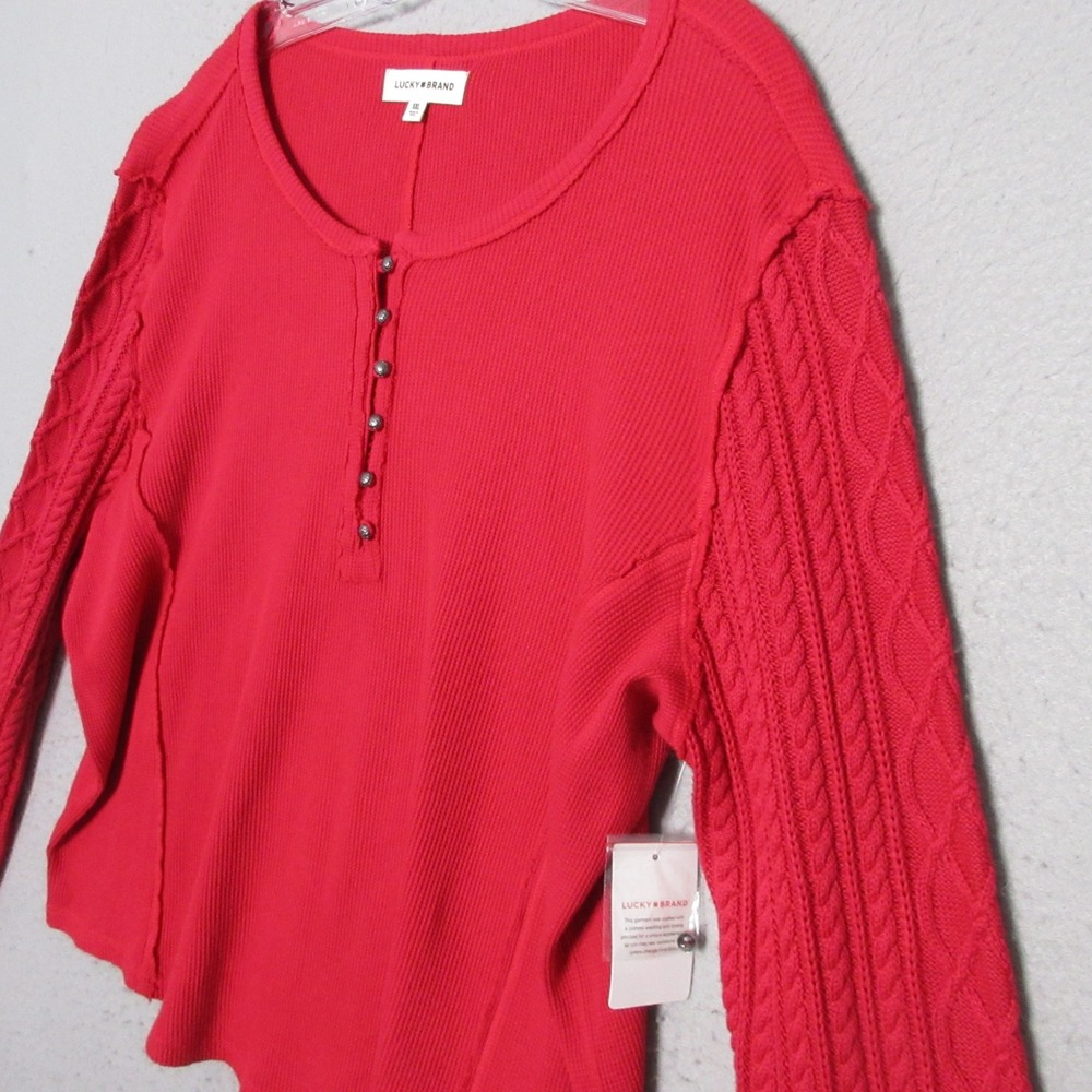 Lucky Brand Top XXL Henley Red Thermal Cable‎ Knit Sleeve Mixed Media Cotton NWT